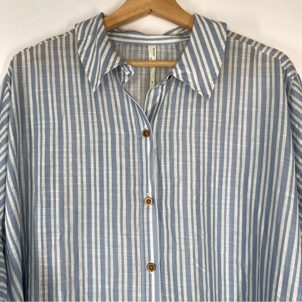 Anthropologie Striped Blue Green Dress XL Oversized Button Front Summer CoverUp - Picture 3 of 16